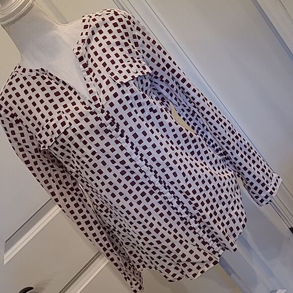 LOFT sz S 100% Cotton White and Brown Button Down Shirt - Picture 1 of 8